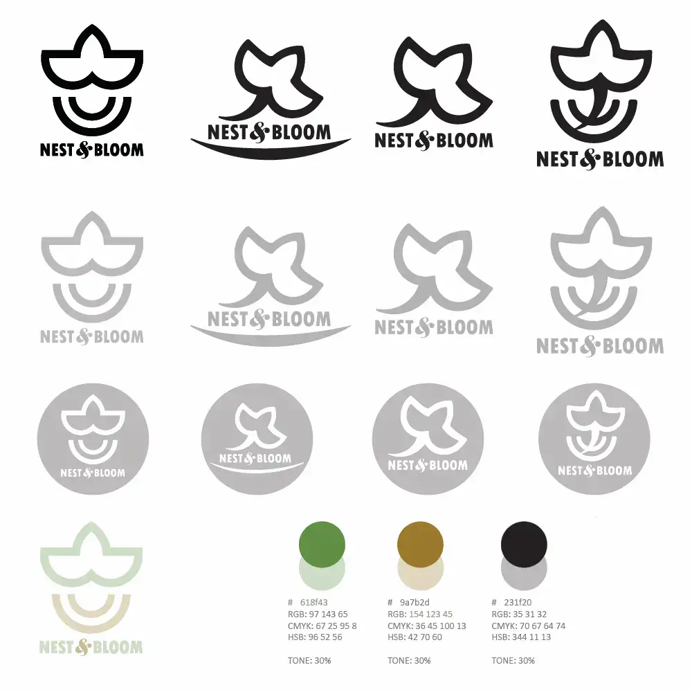 Natural earth-tone color palette and secondary marks for Nest and Bloom brand